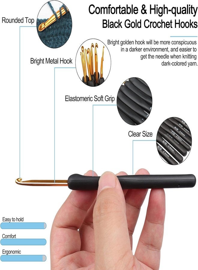 Dodhar Black Gold Crochet Hooks Needles for Arthritic Hands, Crochet Hook Set Ergonomic Soft Grips Knitting Hook for Crochet Yarn Craft, Aluminum Knitting Crochet Supplies Kit for Knitter (m) - Image 3